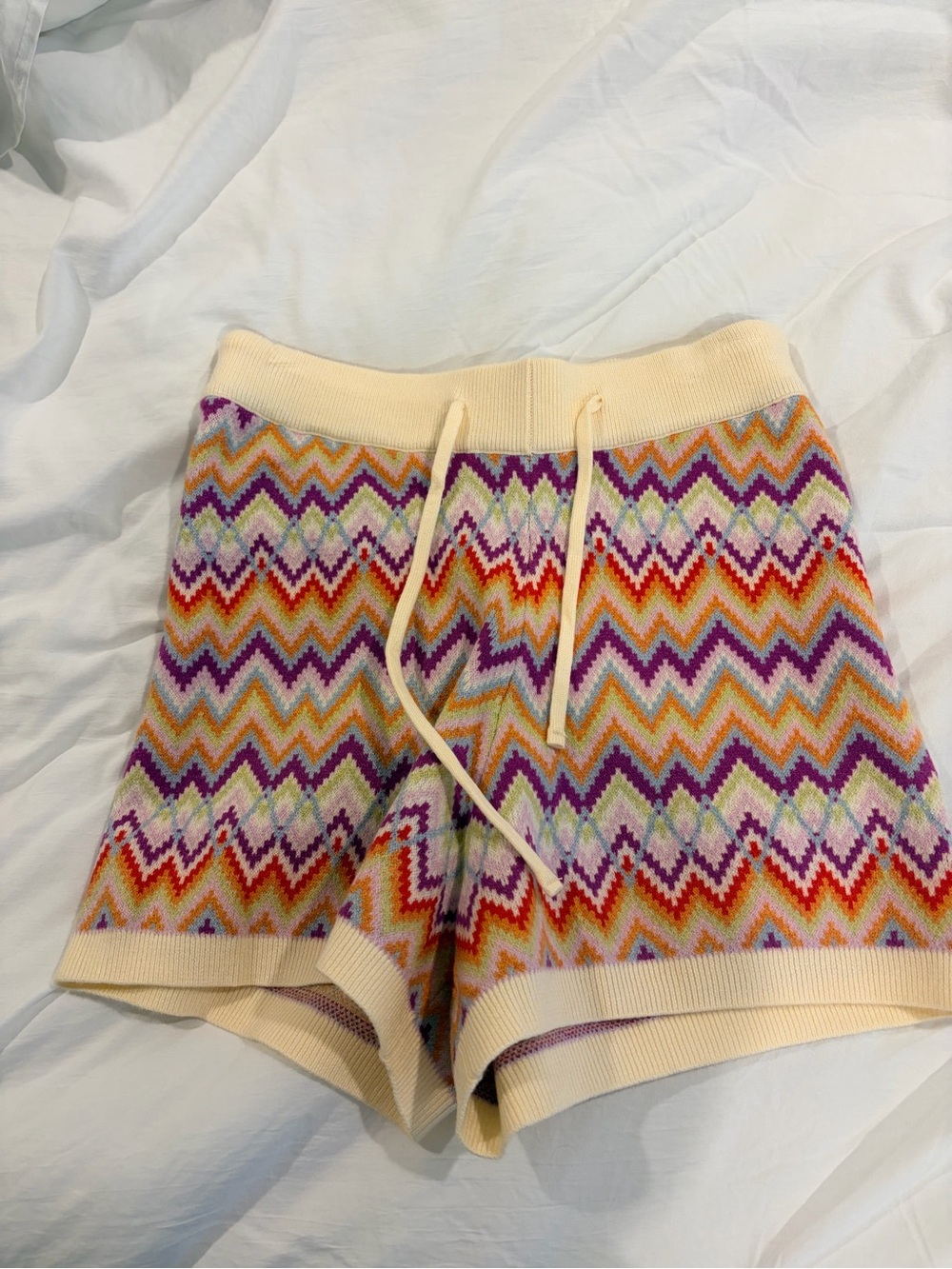 Cream Chevron Knit Athletic Shorts with Multicolor Zigzag